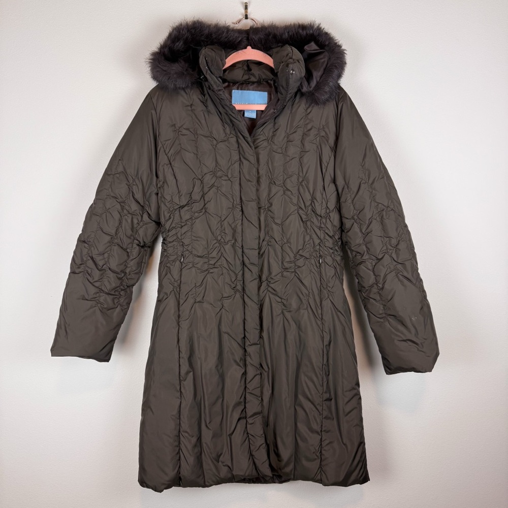 Nine West Brown Quilted Down Jacket Coat Rabbit‎ Fur Trim Hooded Size Medium - Picture 2 of 15